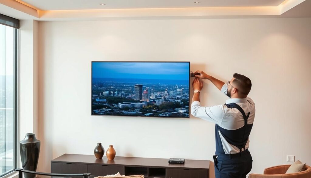 a professional well lit image of a sleek modern living room with a large flat screen tv 1024x585 copy